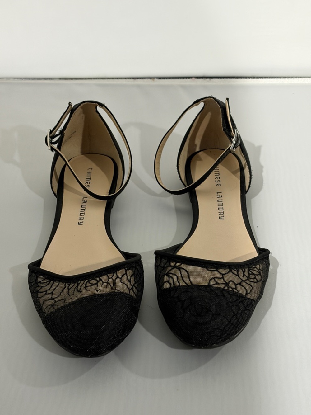 Chinese Laundry Black Lace D'Orsay Flats with Ankle Strap